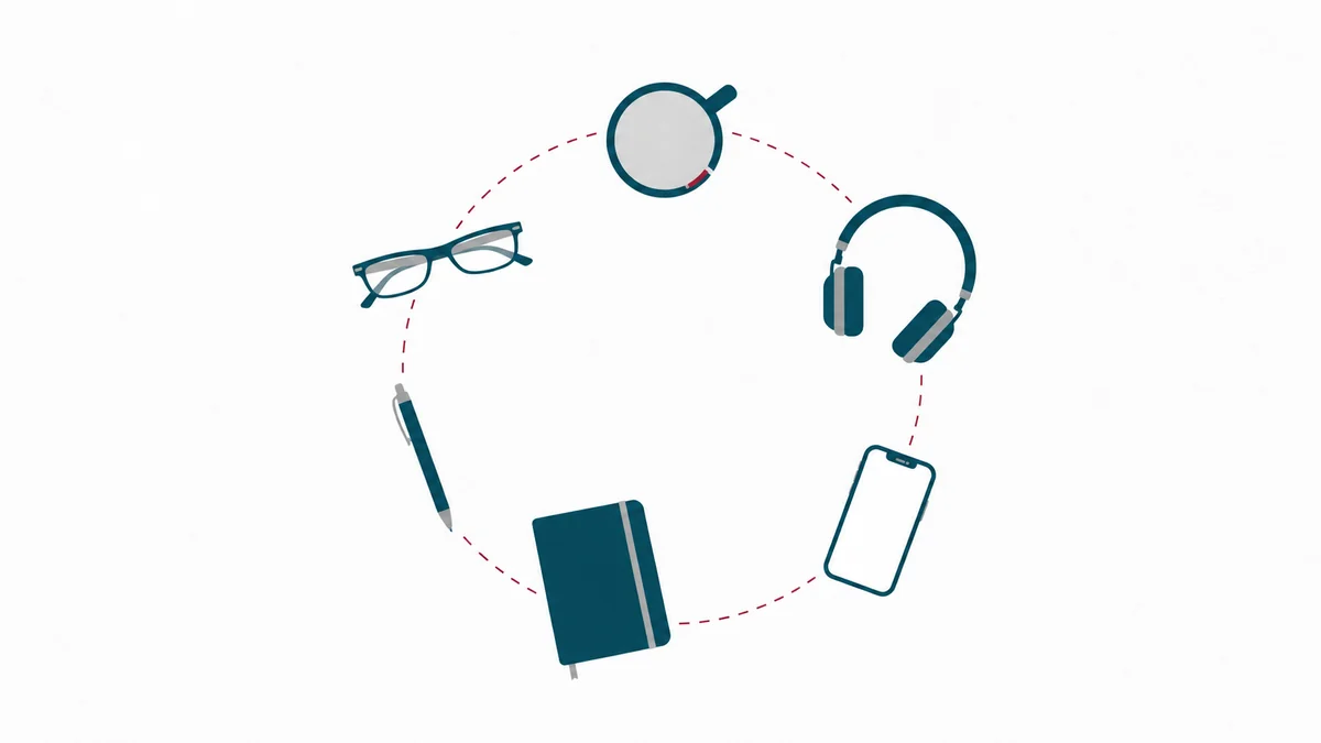 Objets du quotidien disposés en boucle et reliés par un arc rouge : la routine de trente minutes