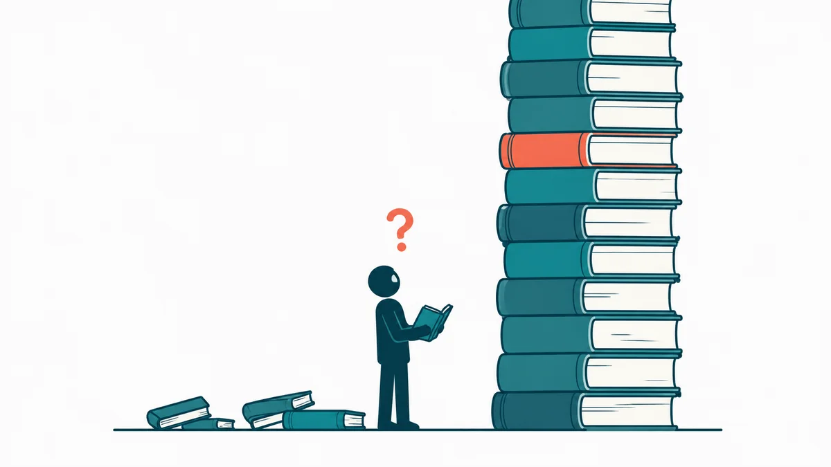 Autodidacte face a un mur de livres, illustration des limites de l'auto-apprentissage