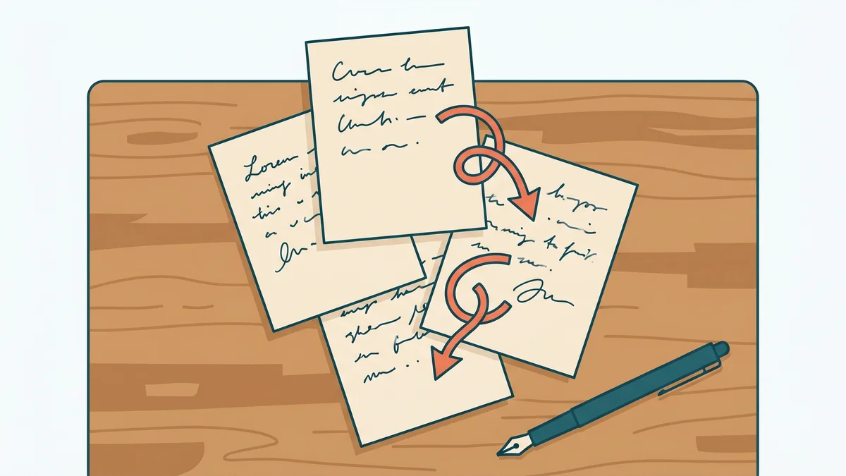 Plusieurs notes manuscrites qui se chevauchent sur un bureau, illustrant le phenomene d'interference en memoire