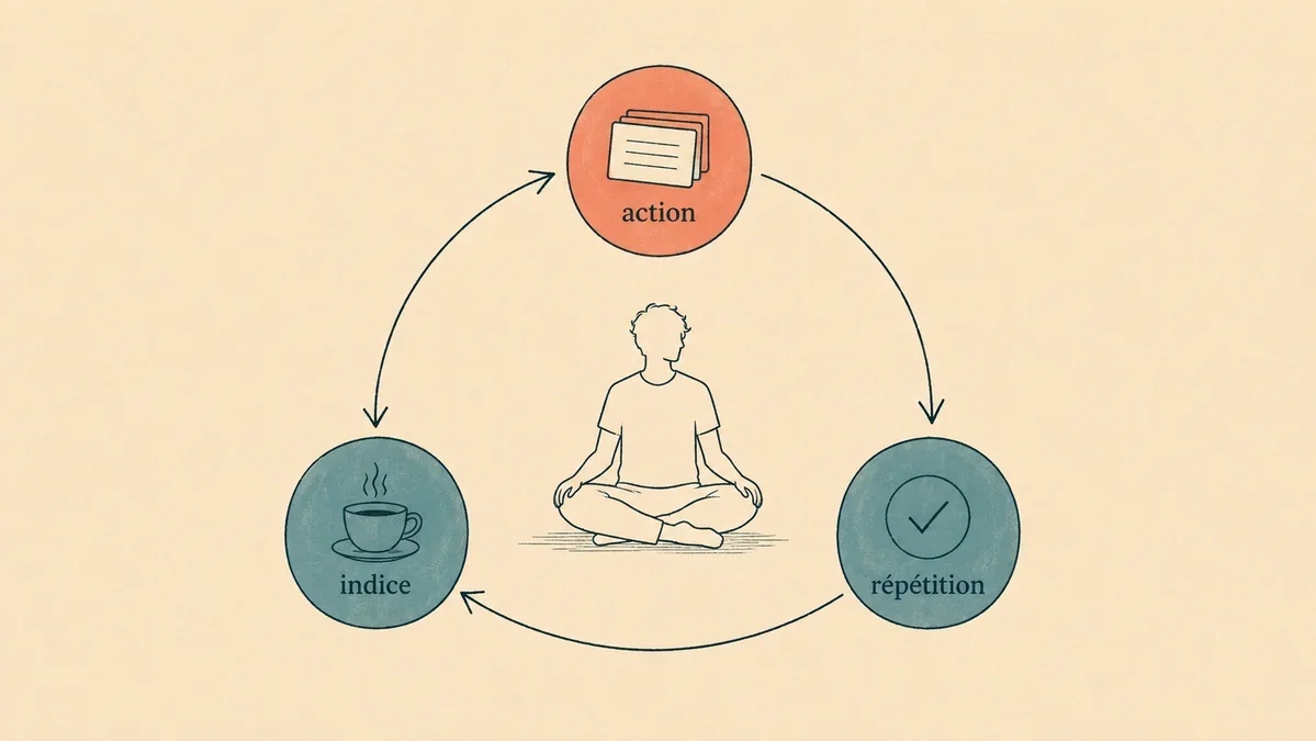 Cycle de l'habitude : indice contextuel declenche action, repetee jusqu'a l'automatisme