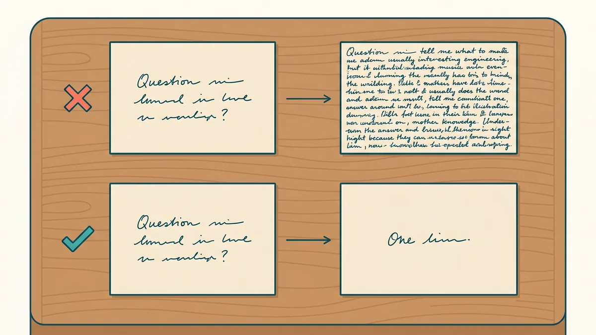 Quatre flashcards comparant une mauvaise carte surchargée de texte à une bonne carte avec une réponse unique et atomique