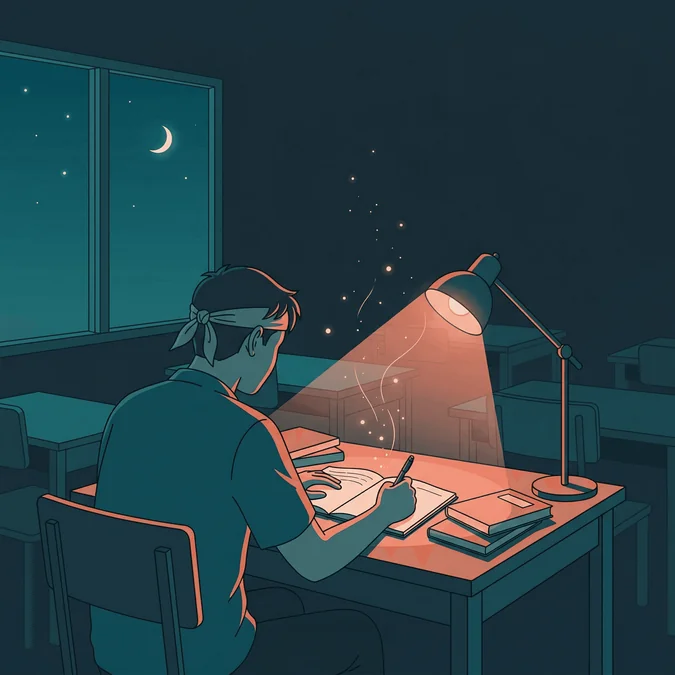 Ikigai et apprentissage : étudiant travaillant la nuit