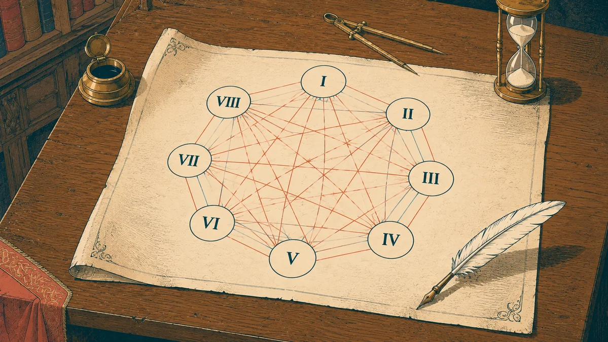 Planche anatomique style Renaissance d'un cerveau humain traverse par un reseau de lignes lumineuses corail interconnectant toutes les regions