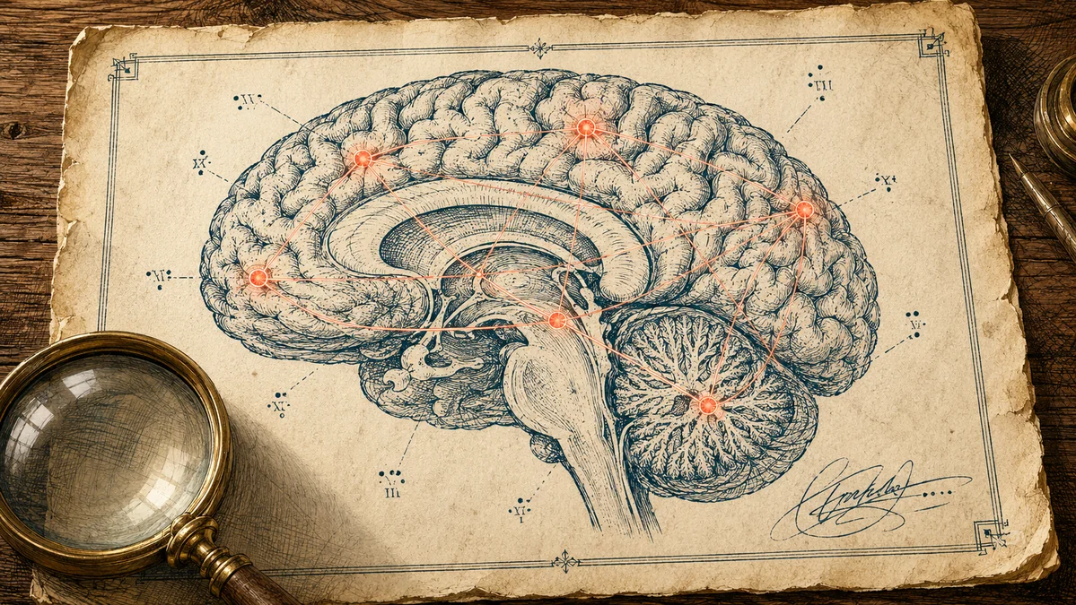 Parchemin Renaissance deroule sur une table d'erudit montrant huit cercles relies par des fils colores, la majorite en corail indiquant des correlations positives