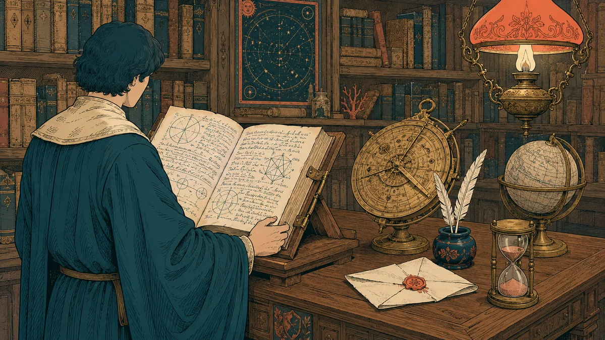 Mappemonde Renaissance etalee sur une table d'erudit avec quatorze epingles plantees sur differents pays et trente-neuf petites fiches manuscrites eparpillees autour, plusieurs marquees d'une croix corail