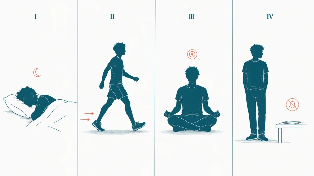 Quadriptyque montrant quatre leviers quotidiens pour soutenir le systeme dopamine : dormir, bouger, mediter, poser le telephone