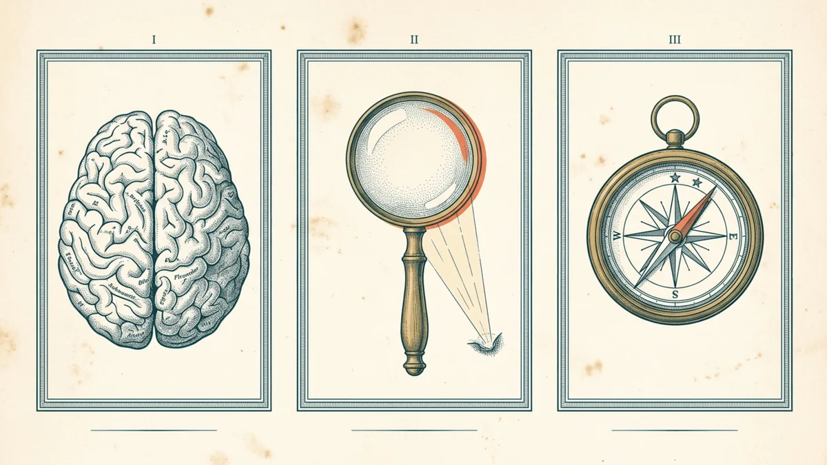 Trois planches naturalistes victoriennes représentant les trois composantes de la métacognition : une carte du cerveau, une loupe et un compas