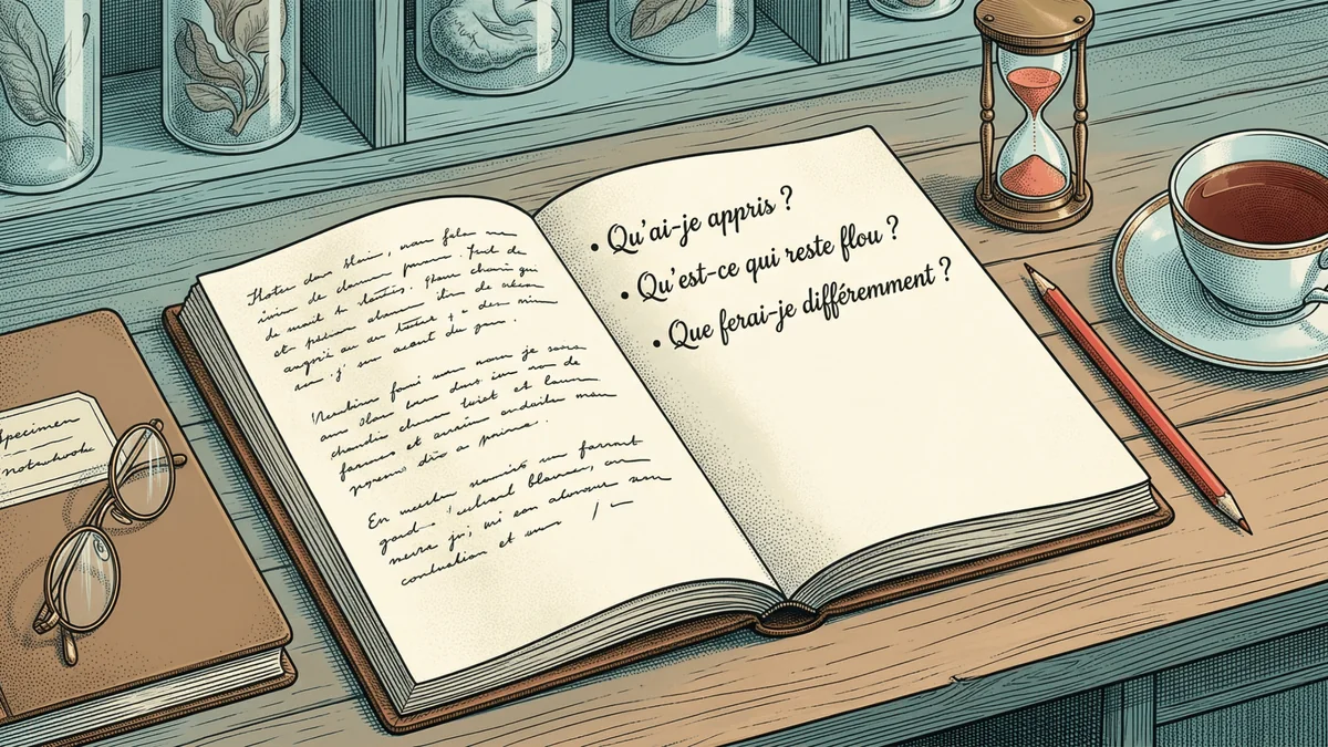 Un bureau de naturaliste victorien avec un journal d'apprentissage ouvert montrant trois questions de réflexion en français