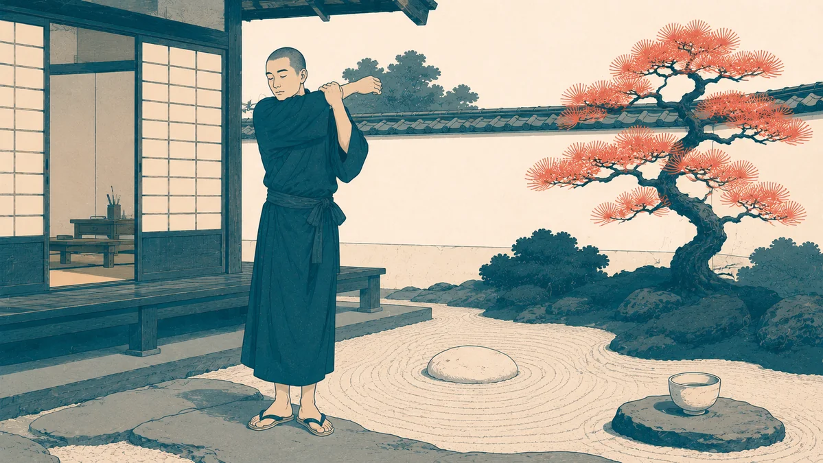 Pause active dans un petit jardin zen — étirement et restauration attentionnelle après un pomodoro
