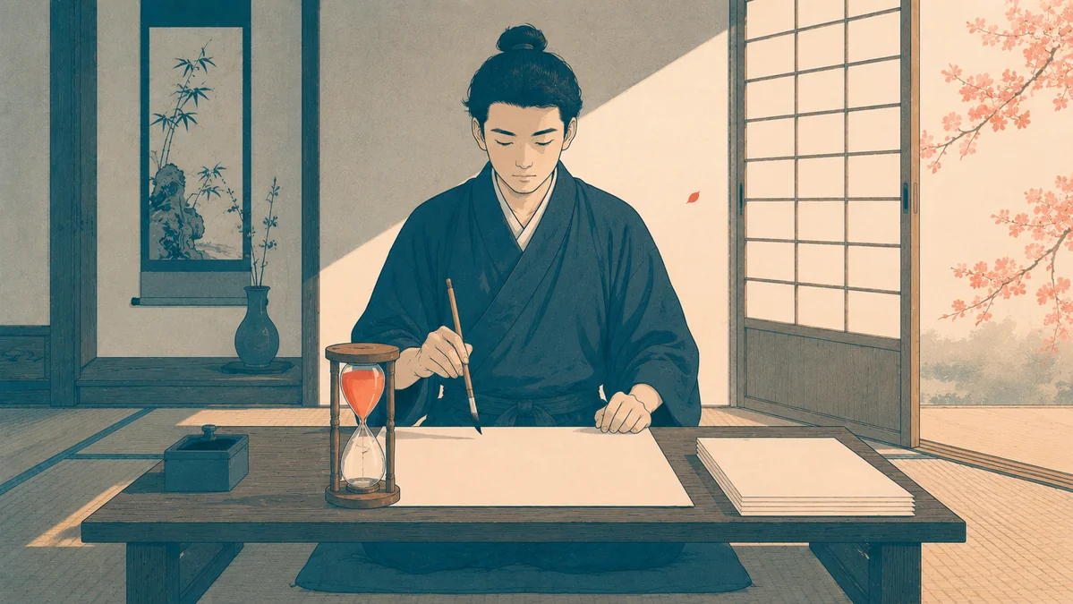 Apprenti japonais s'installant le matin à son écritoire, sablier neuf — par où commencer une routine Pomodoro