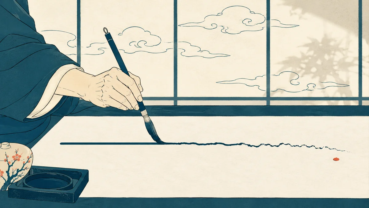 Calligraphe dont le trait se dégrade progressivement — illustration du déclin de la vigilance avec le temps