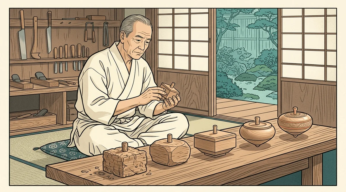 Un maître artisan japonais observe cinq pièces en bois alignées sur son établi, montrant la progression du novice à l'expert