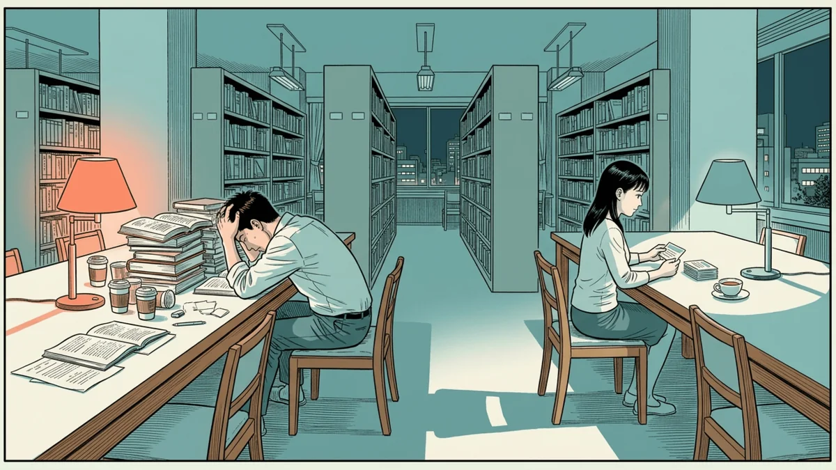 L'illusion du bachotage : un étudiant épuisé sous une tour de livres face à une étudiante calme avec ses fiches
