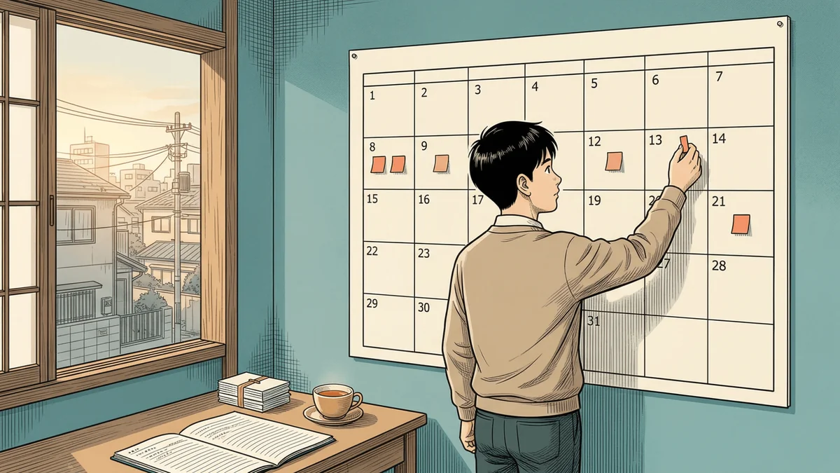 Les intervalles de révision : un étudiant place des marqueurs sur un calendrier mural, espacés de plus en plus largement