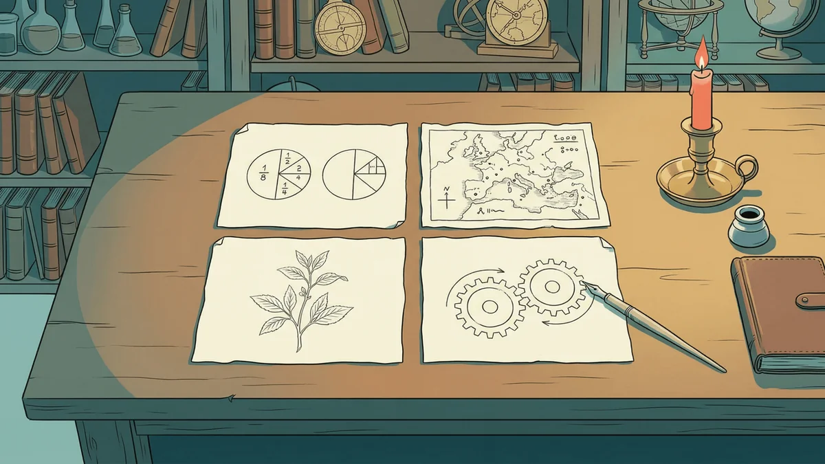 Quatre parchemins disposés sur un bureau de savant, chacun montrant un concept simplifié dans un domaine différent (mathématiques, géographie, sciences, mécanique)
